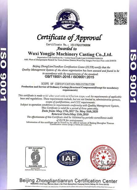 চীন Wuxi Yongjie Machinery Casting Co., Ltd. সার্টিফিকেশন