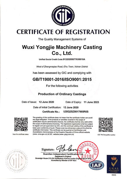 চীন Wuxi Yongjie Machinery Casting Co., Ltd. সার্টিফিকেশন